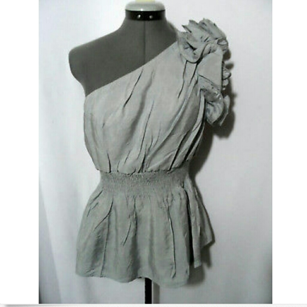 Nwt ICU Roses Peplum Top S Black Gray blouse Small One shoulder Ruched